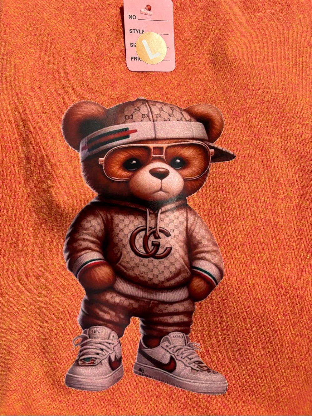 NEW Orange Teddy Graphic Tee with Gucci-Style Logo - Large